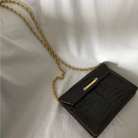 1960's dark brown alligator skin leather Clutch Mini gold color chain strap